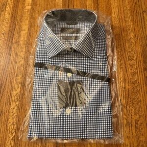 NWT men’s Zodiac Passport blue w/white mini check button down cotton shirt 15.5